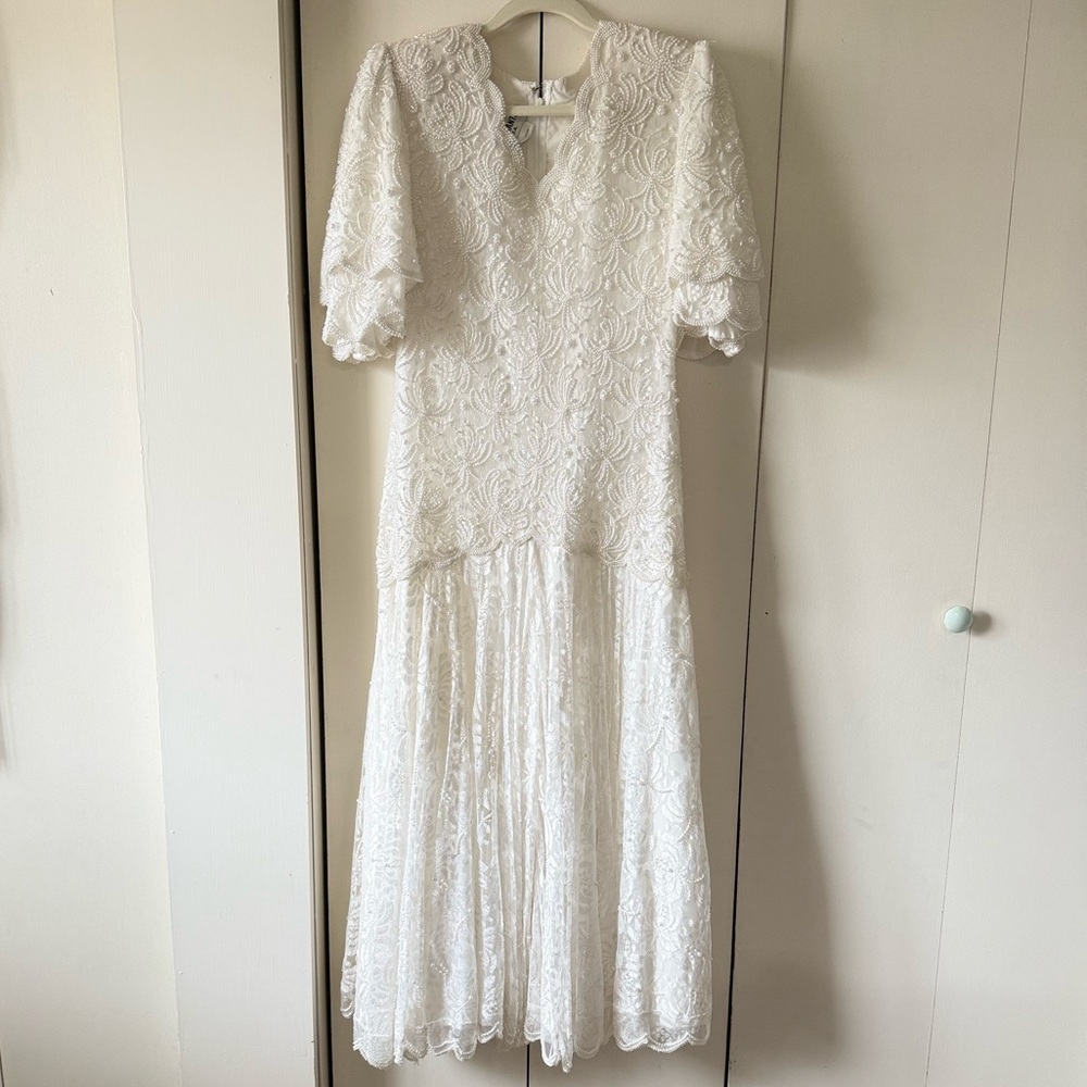 Brilliante by J.A. Beaded, Pearls, Scalloped, Embellished. Vintage Wedding Dress